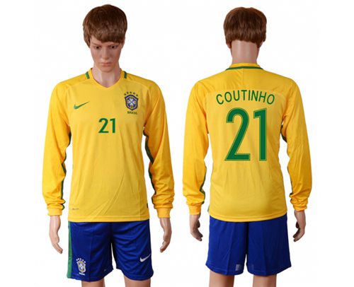 Brazil #21 Coutinho Home Long Sleeves Soccer Country Jersey - Click Image to Close
